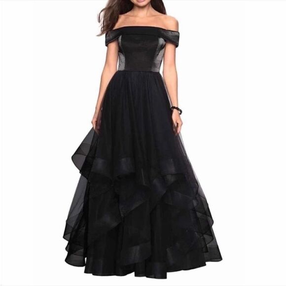La Femme 27224 Black Tulle Off The Shoulder Evening Gown Formal NWT Sz 12 $448 - Picture 1 of 6